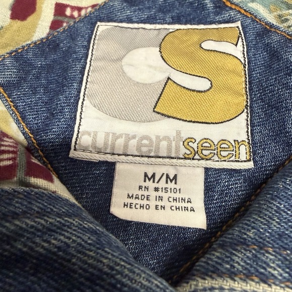 Vintage Current Seen Jacket Mens Medium Denim Colorblock Bomber Southwestern 90s - Picture 2 of 8